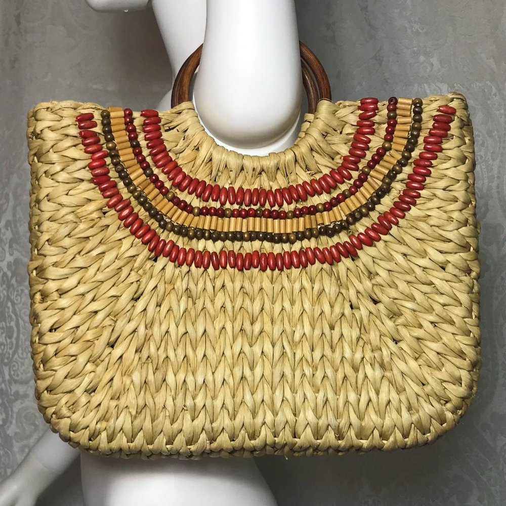 Sun N' Sand Straw Bag with Red Beads